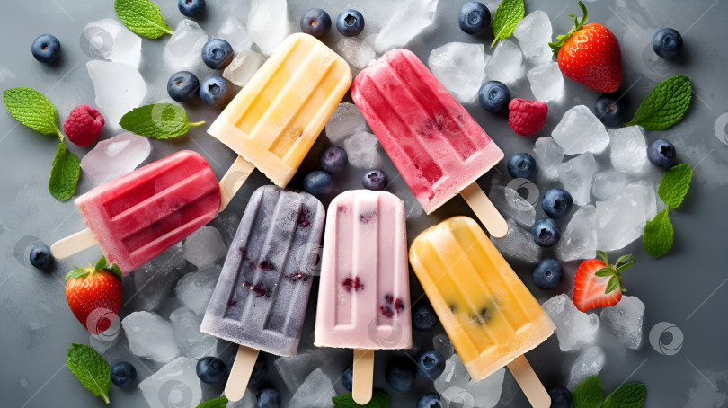 Скачать Ассортимент фруктового мороженого со льдом, свежими ягодами и мятой, вид сверху, плоская выкладка. Летний десерт, замороженный фруктовый сок. Разнообразие фруктового мороженого на сером фоне, разноцветное. Порождающий искусственный интеллект фотосток Ozero