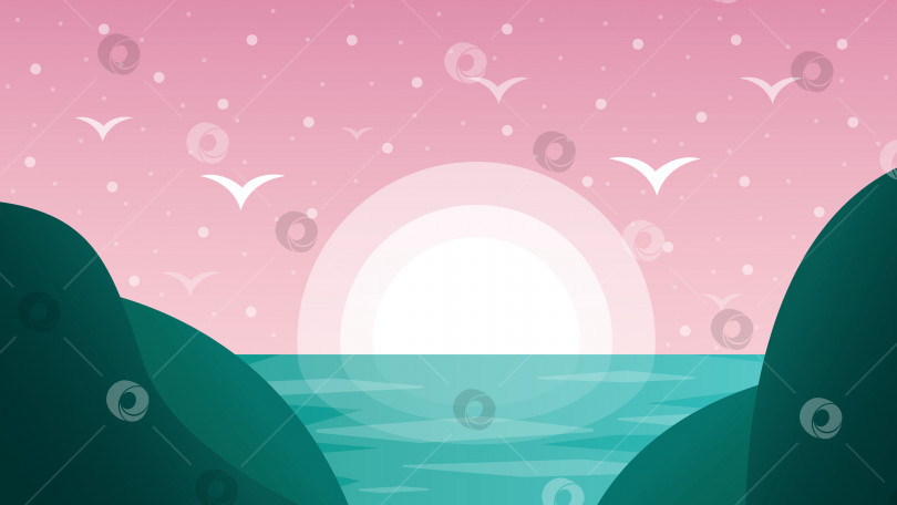 Скачать Летний пейзаж розовый закат над морем на острове фотосток Ozero