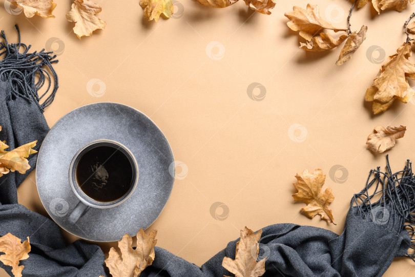 Скачать Кофе в серой чашке и сухие дубовые листья. фотосток Ozero
