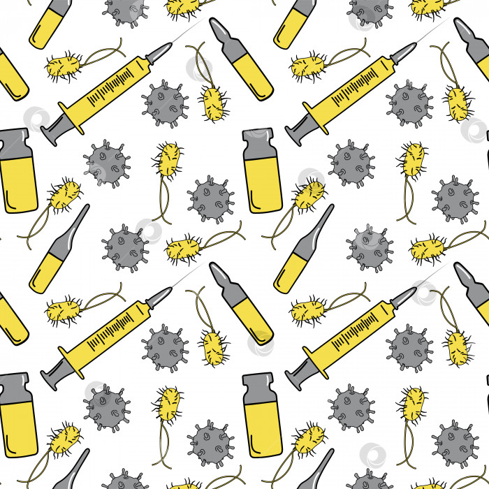 Скачать Набор бесшовных рисунков микробов, вакцин, вирусов и шприцев в пикселях 1000x1000, векторная графика. фотосток Ozero