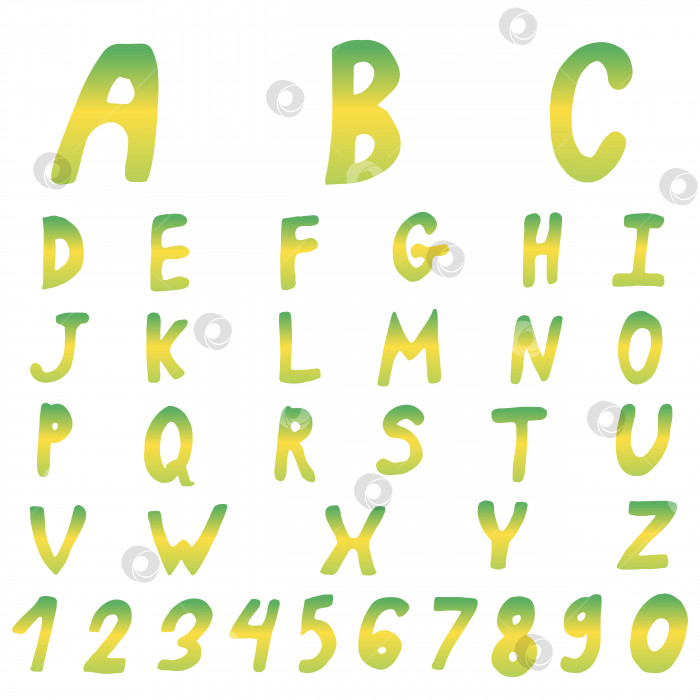 Скачать Стилизованный градиентный зеленый и желтый английский алфавит и цифры на белом фоне. Векторное изображение. фотосток Ozero