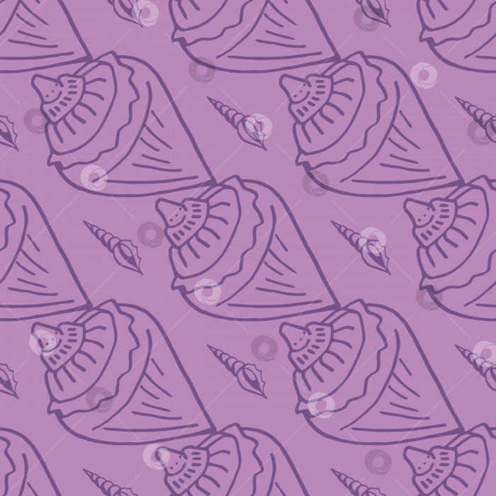 Скачать Бесшовный узор с фиолетовыми морскими раковинами на светло-сиреневом фоне. Векторное изображение. фотосток Ozero