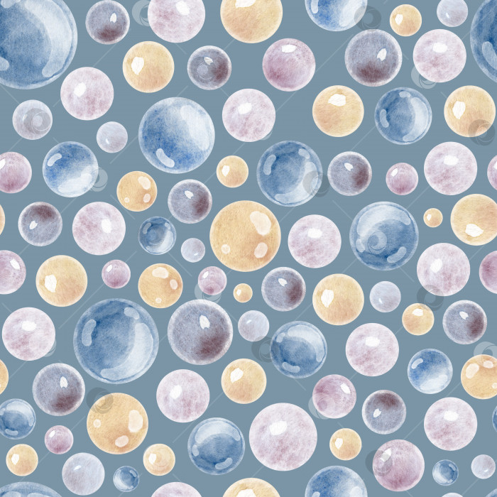 Скачать Акварельные пузыри с бесшовным рисунком. Нарисованная от руки иллюстрация круглых красочных элементов на синем фоне для оформления оберточной бумаги или текстиля. Фон с водяными кругами для обоев или ткани фотосток Ozero