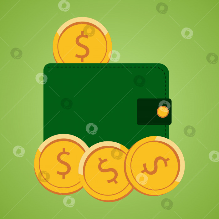 Скачать Зеленый кошелек с монетами на зеленом фоне. Дизайн плакатов, визиток, баннеров, листовок. фотосток Ozero