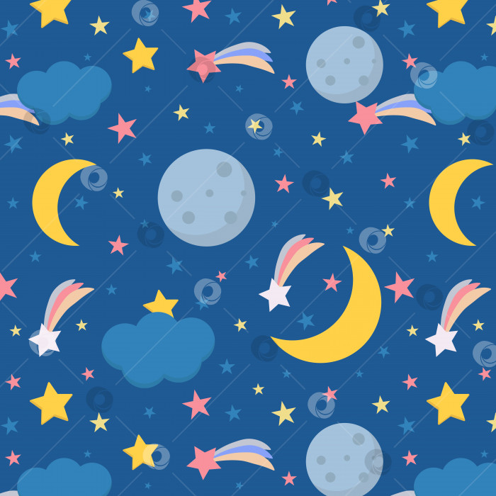 Скачать Бесшовный ночной узор с элементами луны, месяца, звезд и кометы. Дизайн детской ткани, упаковки, обоев. фотосток Ozero