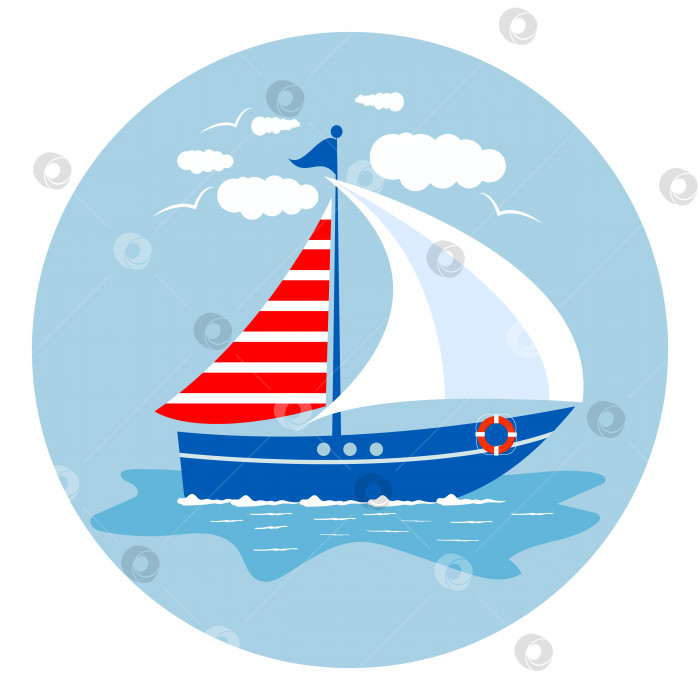 Скачать Парусная лодка с парусами, спасательным кругом и чайками на синем фоне. Парусник и волны на воде. Векторная иллюстрация в плоском стиле. фотосток Ozero