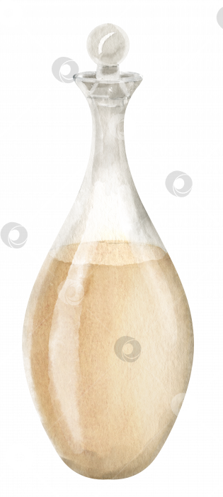 Скачать Стеклянный графин. Нарисованная от руки акварельная иллюстрация прозрачного графина для эфирного или оливкового масла на изолированном фоне. Рисунок бутылки или флакона с жидкостью для ароматерапии. Эскиз бутыли фотосток Ozero