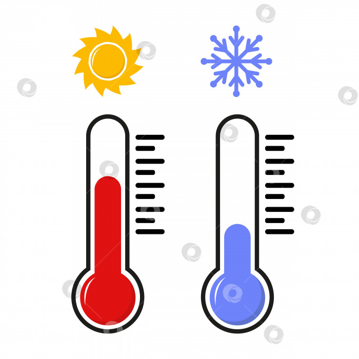 Скачать Термометр со шкалой измерения тепла и холода, со значками солнца и снежинки, векторная иллюстрация фотосток Ozero