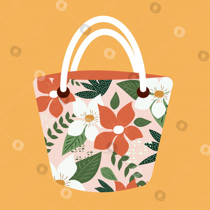 Скачать Пляжная сумка с яркими крупными цветами. Векторный летний рисунок. фотосток Ozero