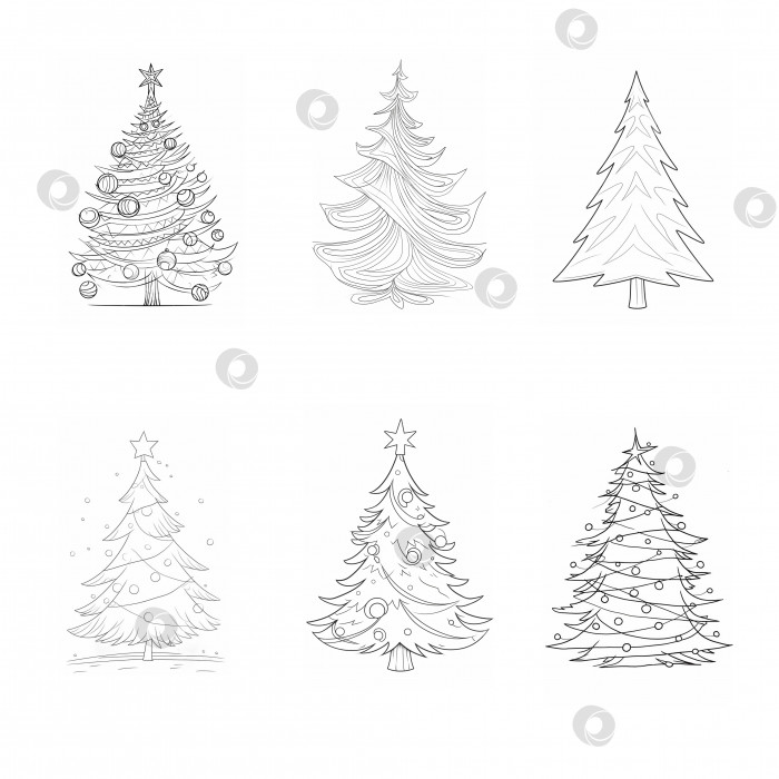 Скачать Набор раскрасок с различными рождественскими елками в стиле black line art без затенения, изолированными на белом фоне. Генеративный искусственный интеллект. фотосток Ozero
