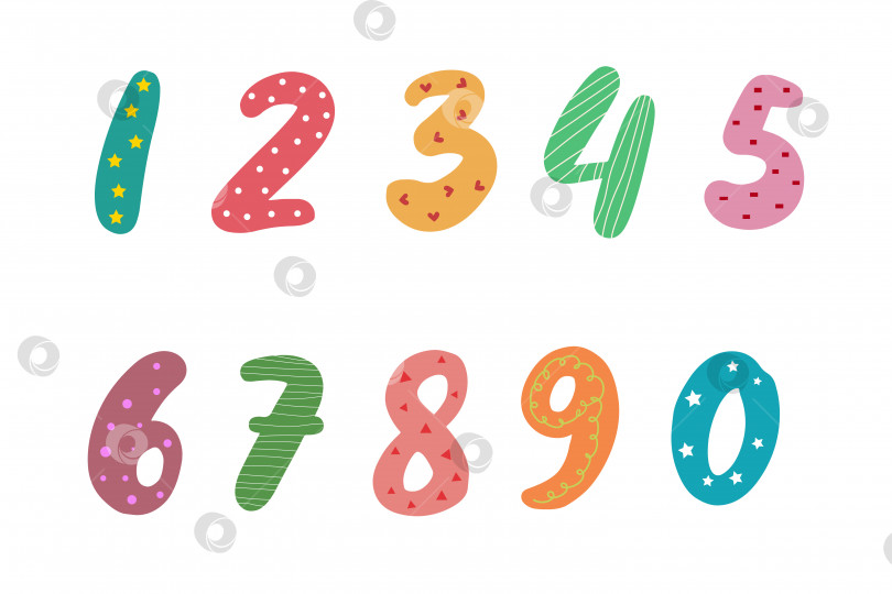 Скачать Яркие разноцветные цифры в стиле каракулей на белом фоне. Симпатичный векторный набор от 0 до 9, декор для детских плакатов, открыток, одежды и интерьера фотосток Ozero