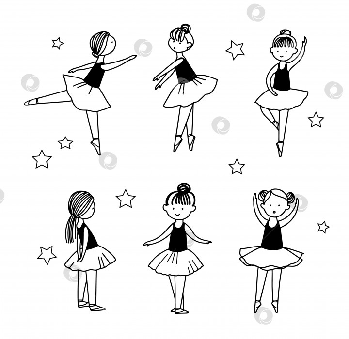 Скачать Набор милых маленьких танцующих персонажей-балерин в балетных юбочках. Простая линейная векторная графическая иллюстрация, выделенная на белом фоне. Идеально подходит для девичьего дизайна футболки фотосток Ozero