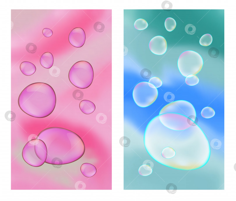 Скачать Набор полупрозрачных пузырьков на рассеянном абстрактном фоне для модного дизайна в розовых, фиолетовых, синих тонах. фотосток Ozero