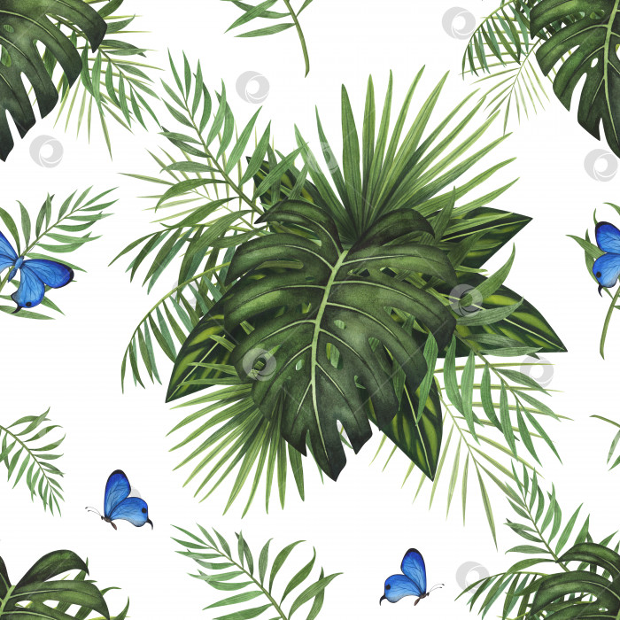 Скачать бесшовный узор "Тропический лист монстеры", акварельная бабочка, выделенная на белом фоне. Акварельный дизайн ботанической иллюстрации фотосток Ozero