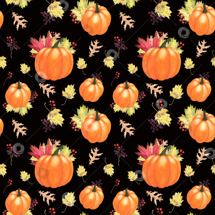 Скачать Бесшовный узор из осенних листьев, ягод, тыкв, выделенный на темном фоне. Акварельная иллюстрация, нарисованная от руки. Искусство для дизайна фотосток Ozero