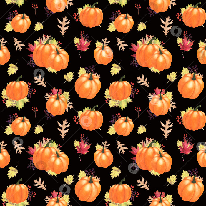 Скачать Осенний лист, бесшовный узор из тыкв, выделенный на темном фоне. Акварельная иллюстрация Дня благодарения, нарисованная от руки. Искусство для дизайна фотосток Ozero