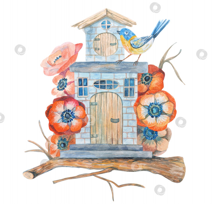 Скачать Декоративный домик на ветке с птицей, окруженной цветами. Акварельная иллюстрация, нарисованная от руки. Для оформления детской комнаты, обложек, этикеток, открыток и многого другого фотосток Ozero