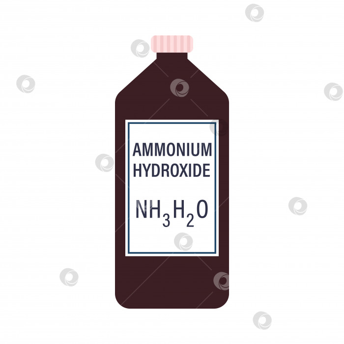Скачать Раствор гидроксида аммония в темной пластиковой бутылке с мультяшной векторной иллюстрацией формулы, выделенной на белом фоне. фотосток Ozero