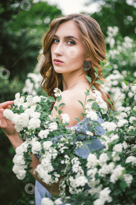 Скачать Молодая женщина стоит у красивого куста с белыми цветами.Весенний портрет красивой девушки. фотосток Ozero