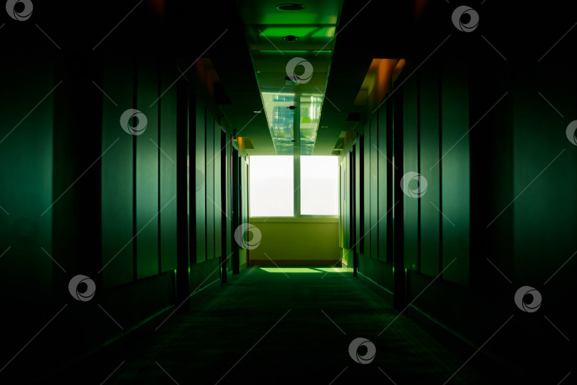 Скачать Зеленый, темный, пустой коридор в отеле в перспективе. Этаж в отеле. фотосток Ozero