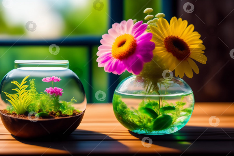 Скачать Мини-сад флорариум в стеклянном контейнере на подоконнике, картина в технике акварели. Генеративный искусственный интеллект. фотосток Ozero