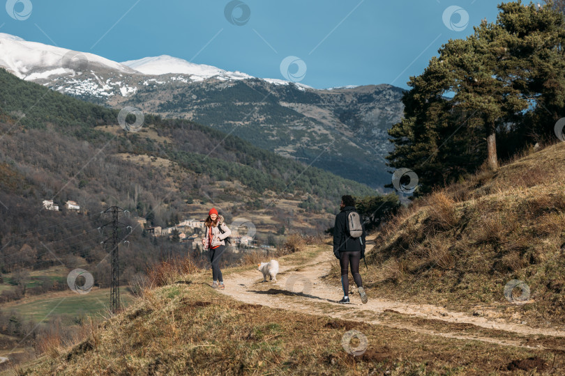 Скачать Пара туристов с рюкзаками и собакой прогуливаются по красивой местности со снежными горами, лесом и голубым небом. Концепция активного отдыха. фотосток Ozero