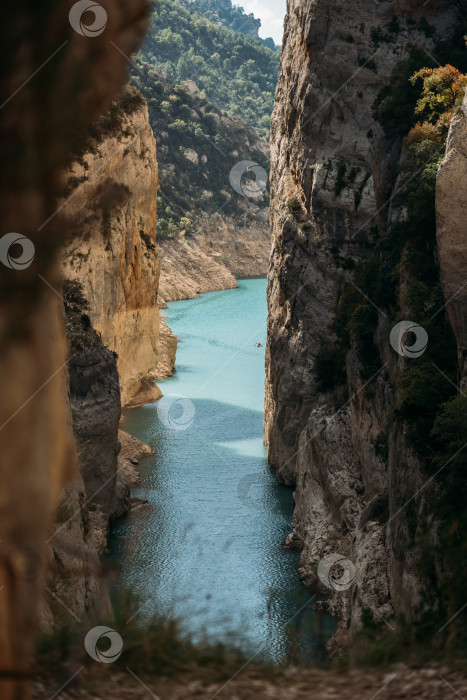 Скачать Прекрасный пейзаж ущелья с бирюзовой рекой и лесом. Конгост-де-Мон-Ребей, Каталония, Испания. фотосток Ozero