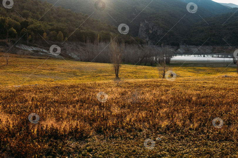 Скачать Красивый осенний полевой пейзаж во время заката. Солнце сияет в горах на фоне спокойного лугового поля. фотосток Ozero
