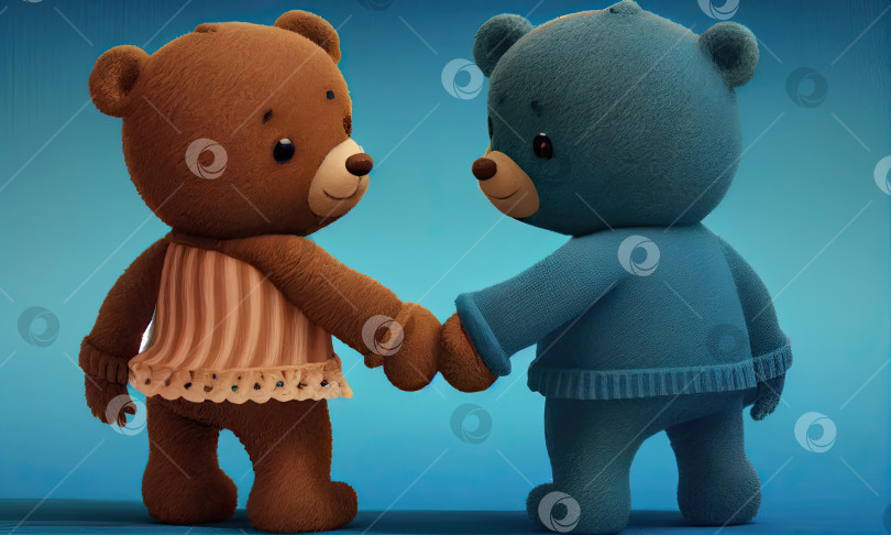 Скачать Концепция дня святого Валентина. Два плюшевых мишки держатся за руки на синем фоне. Порождающий искусственный интеллект фотосток Ozero