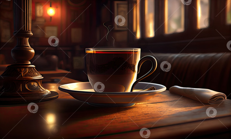 Скачать Чашечка горячего кофе в стильном кафе, генеративный искусственный интеллект фотосток Ozero
