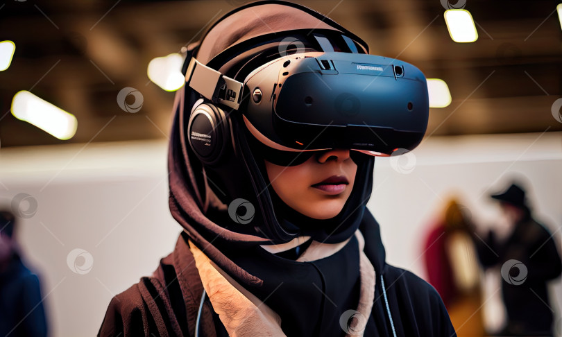 Скачать Человек, носящий гарнитуру виртуальной реальности, генеративный искусственный интеллект фотосток Ozero