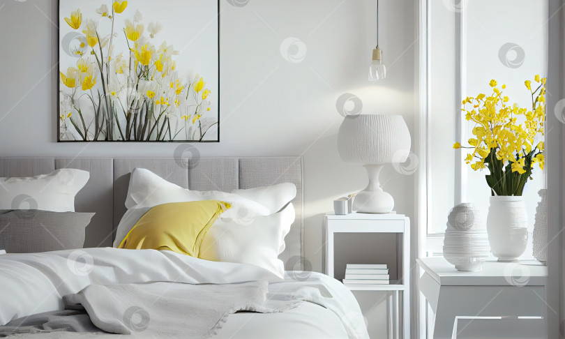 Скачать Светлая уютная спальня с желтыми цветами в скандинавском стиле, генеративный искусственный интеллект фотосток Ozero