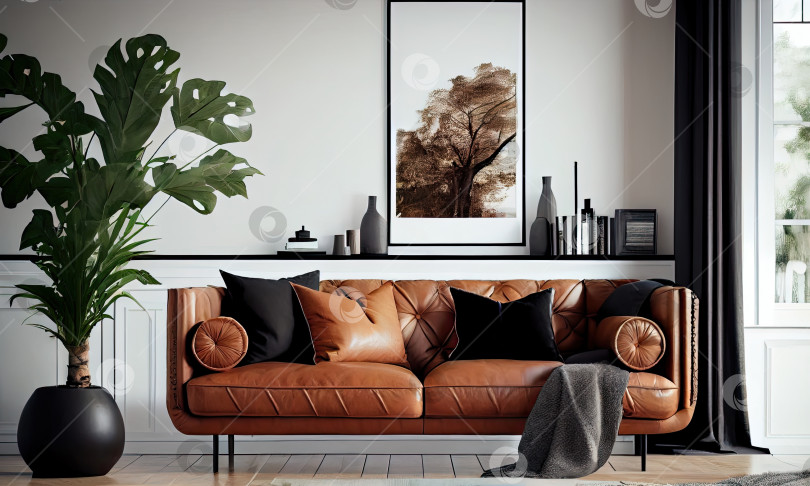 Скачать Уютная гостиная с коричневым кожаным диваном в светлых тонах, генеративный искусственный интеллект фотосток Ozero