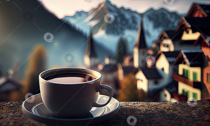 Скачать Чашка кофе на фоне альпийской деревни и гор, генеративный искусственный интеллект фотосток Ozero