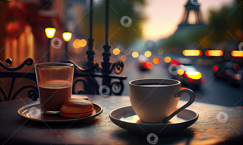 Скачать Чашка кофе на фоне уютной улицы Парижа и Эйфелевой башни, романтическая открытка, генеративный искусственный интеллект фотосток Ozero
