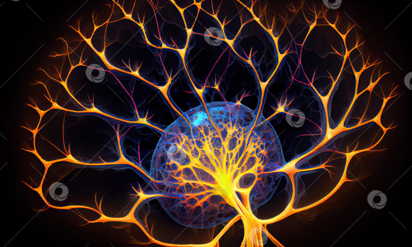 Скачать Абстрактная нервная клетка крупным планом, иллюстрация, генеративный искусственный интеллект фотосток Ozero