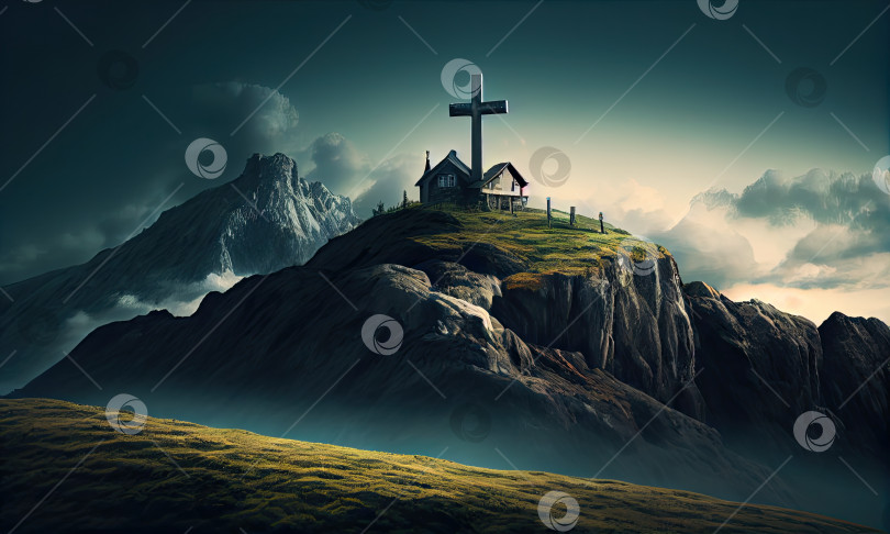 Скачать Христианско-католический крест на холмах, порождающий ИИ фотосток Ozero