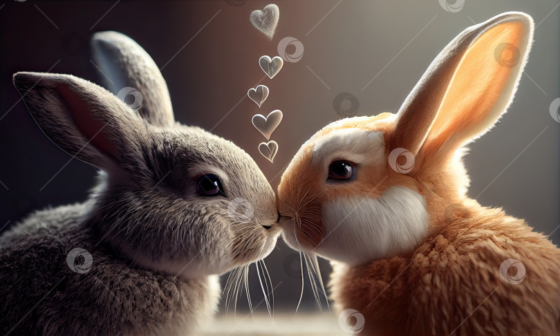 Скачать Целующиеся пушистые кролики-зайчики, концепция Пасхи и дня Святого Валентина, генеративный искусственный интеллект фотосток Ozero