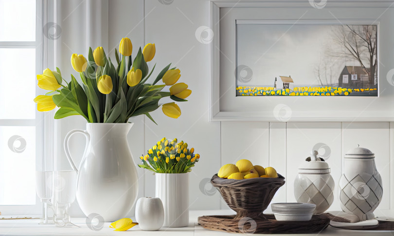 Скачать Ваза с желтыми тюльпанами на белом кухонном столе, весенний декор, счастливая Пасха, генеративный искусственный интеллект фотосток Ozero