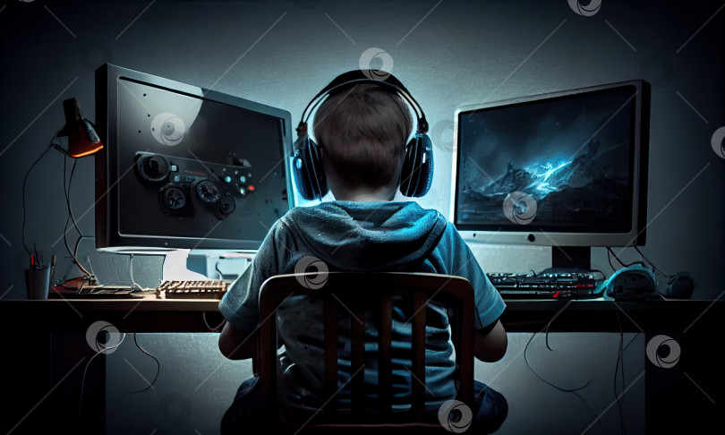 Скачать Мальчик играет в видеоигру в своей комнате, генеративный искусственный интеллект фотосток Ozero