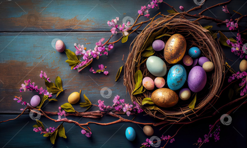 Скачать Пасхальный фон с яйцами и весенними ветками, Счастливой Пасхи, генеративный искусственный интеллект фотосток Ozero