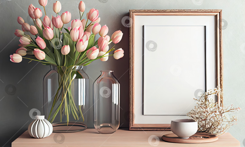 Скачать Розовые тюльпаны в вазе, интерьер дома в романтическом стиле, пустая рамка, генеративный искусственный интеллект фотосток Ozero