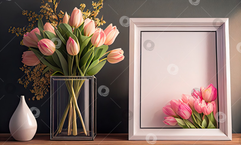 Скачать Розовые тюльпаны в вазе, интерьер дома в романтическом стиле, пустая рамка, генеративный искусственный интеллект фотосток Ozero