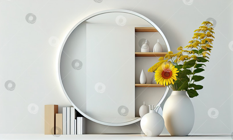 Скачать Уютная полка, круглое зеркало, лампа и цветы, декор интерьера дома для гостиной, генеративный искусственный интеллект фотосток Ozero