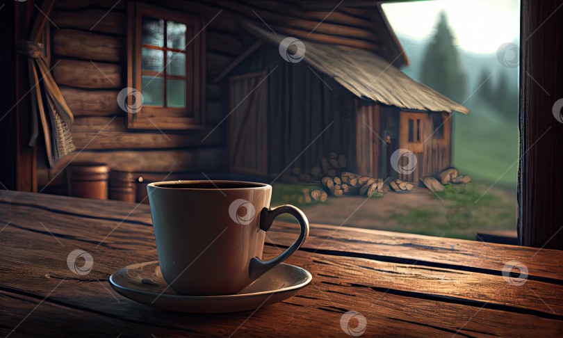 Скачать Чашка кофе на столе в старом уютном деревенском доме, генеративный ИИ фотосток Ozero