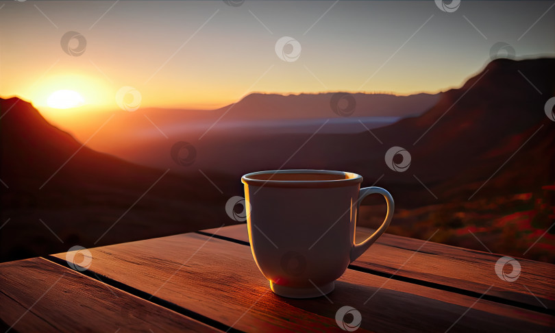 Скачать Белая фарфоровая кофейная чашка на деревянном столе на фоне восхода солнца и гор, генеративный ИИ фотосток Ozero