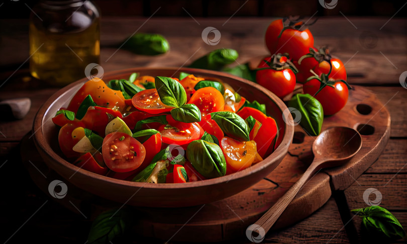 Салат из помидоров с зеленым базиликом, деревянный фон, концепция вкусного  и полезного, генеративный искусственный интеллект - Ozero - российский  фотосток