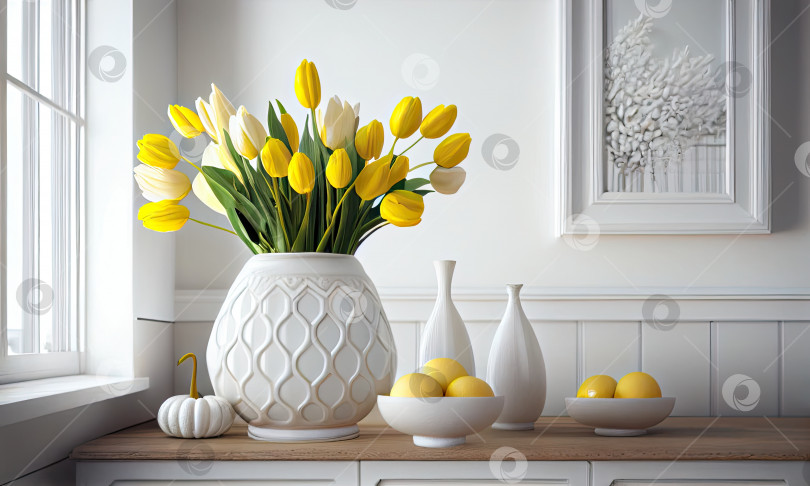 Скачать Ваза с желтыми тюльпанами на белом кухонном столе, весенний декор, счастливая Пасха, генеративный искусственный интеллект фотосток Ozero