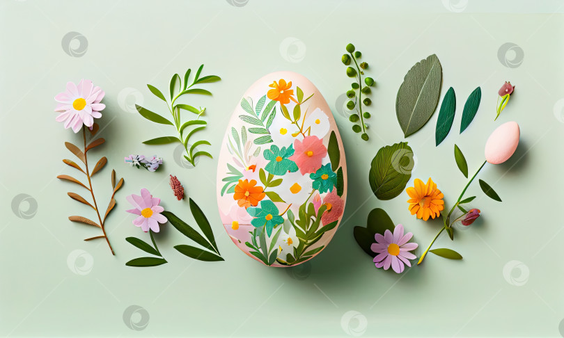 Скачать Пасхальное яйцо, яркие весенние цветы и зеленые листья, концепция праздника, плоская укладка, генеративный искусственный интеллект фотосток Ozero