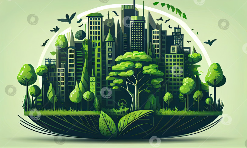 Скачать Экологическая концепция с зеленым экогородом на фоне природы, генеративный искусственный интеллект фотосток Ozero